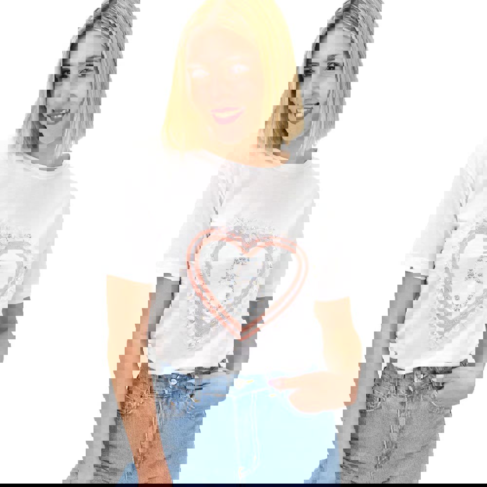 Γυναικείο T-shirt με στρας και σχέδιο καρδιά Λευκό 19373