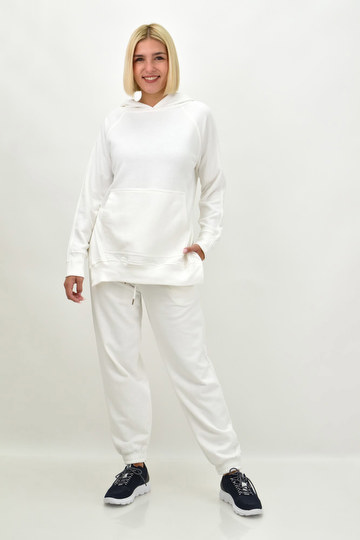  - Γυναικείο σετ φόρμας φούτερ με μπλούζα με κουκούλα, παντελόνι με λάστιχο - λευκό