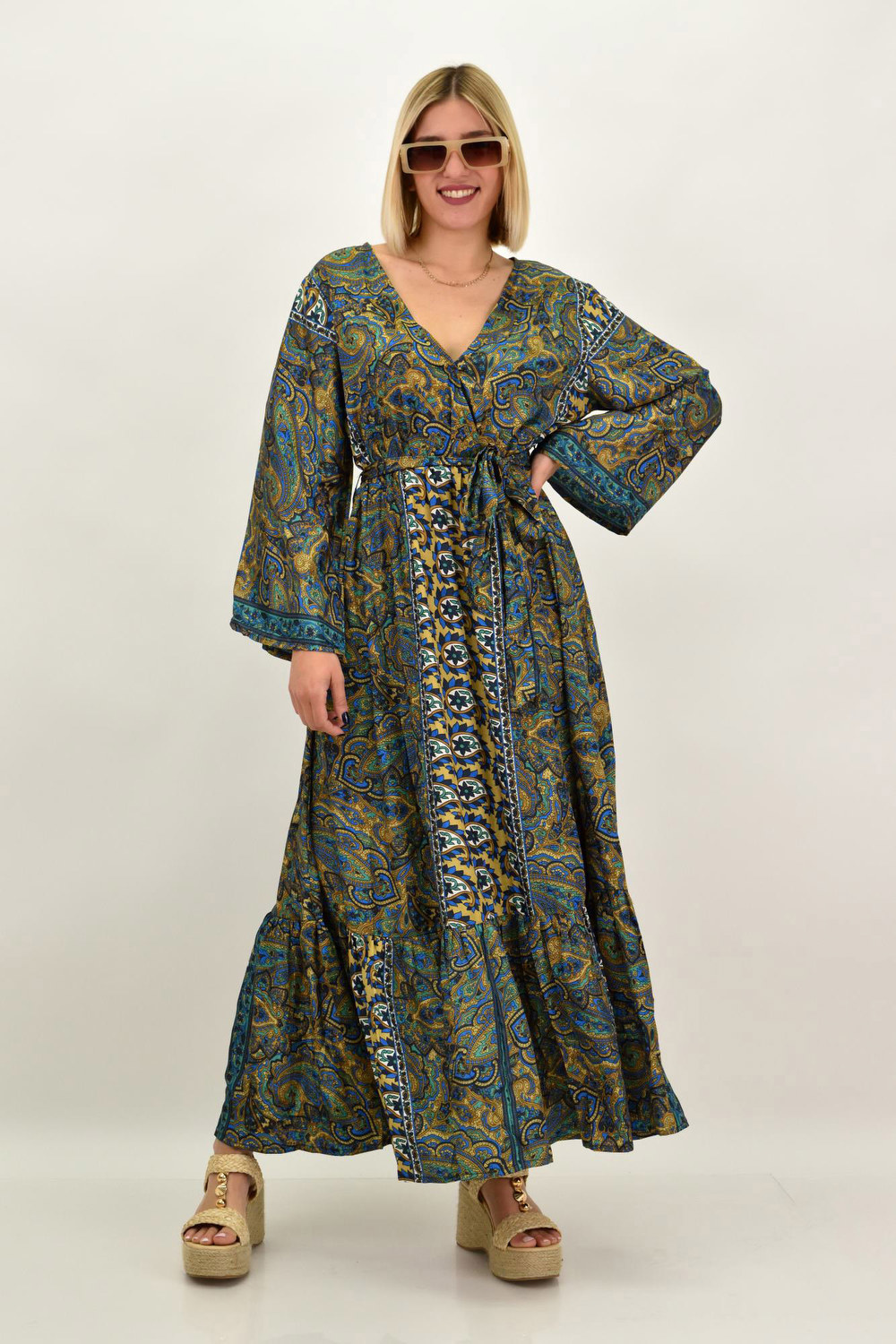 Γυναικείο μεταξωτό boho φόρεμα με ζώνη Μπεζ 20473 φωτογραφία