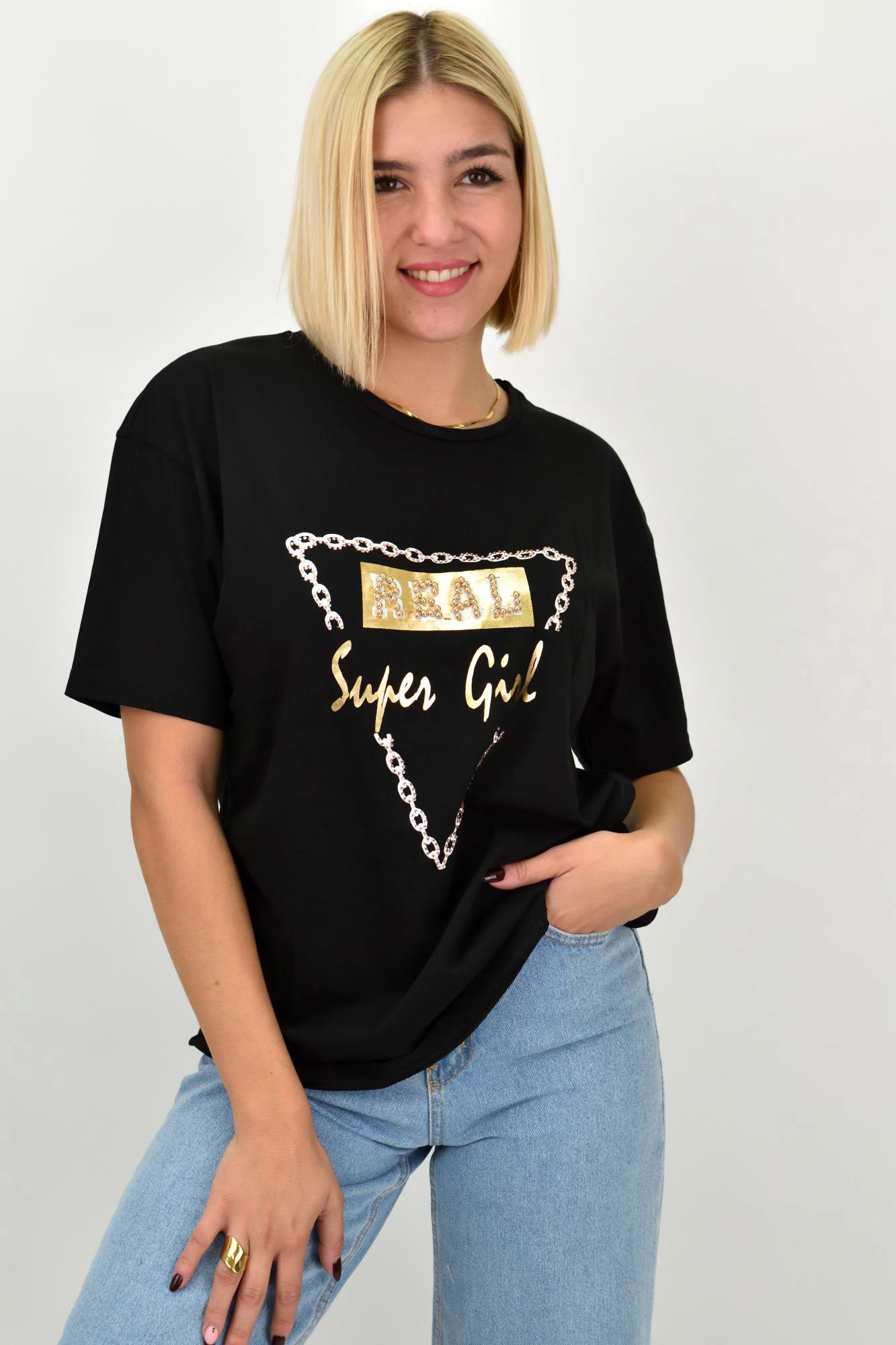 Γυναικείο T-Shirt με Χρυσό-Μαύρο Τύπωμα Real & Πέρλες Μαύρο 22272