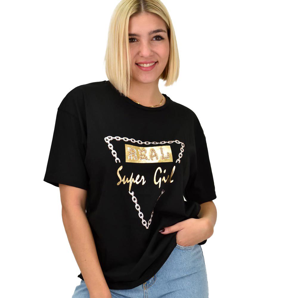 Γυναικείο T-Shirt με Χρυσό-Μαύρο Τύπωμα Real & Πέρλες Μαύρο 22272