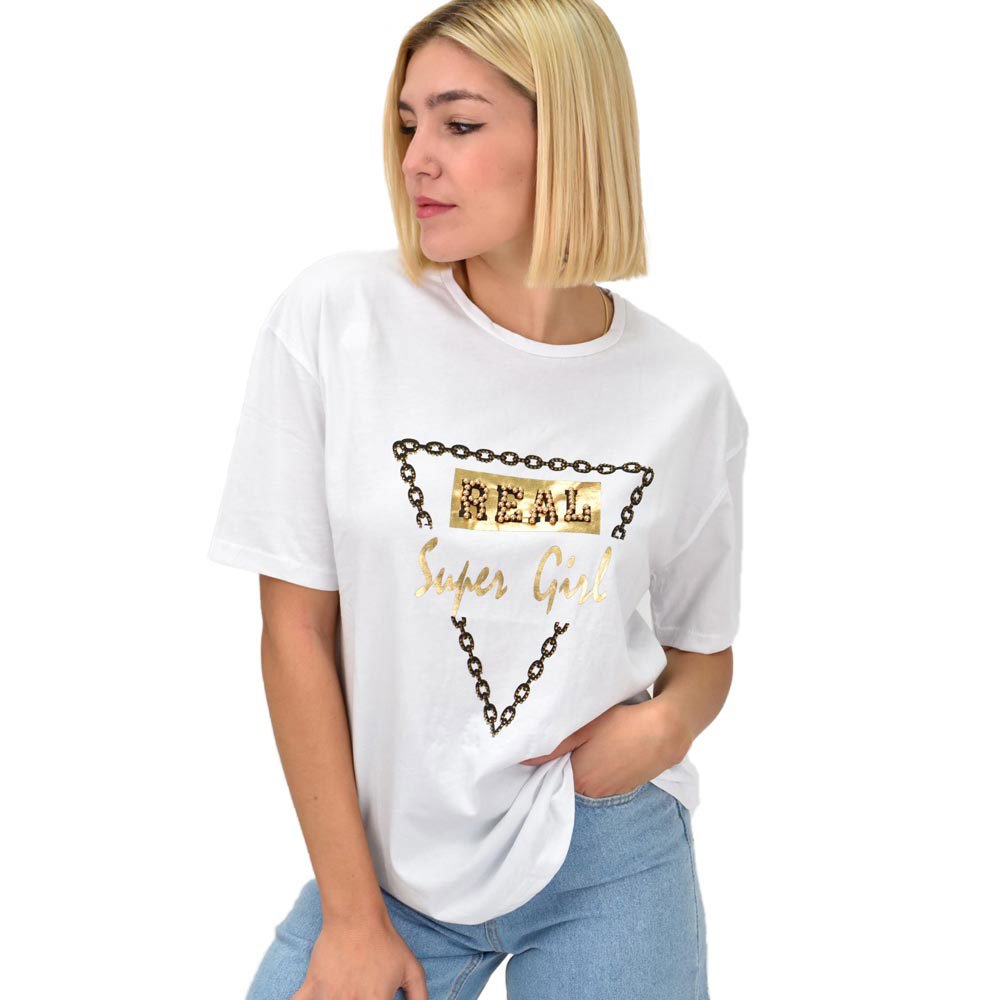 Γυναικείο T-Shirt με Χρυσό-Μαύρο Τύπωμα Real & Πέρλες Λευκό 22273