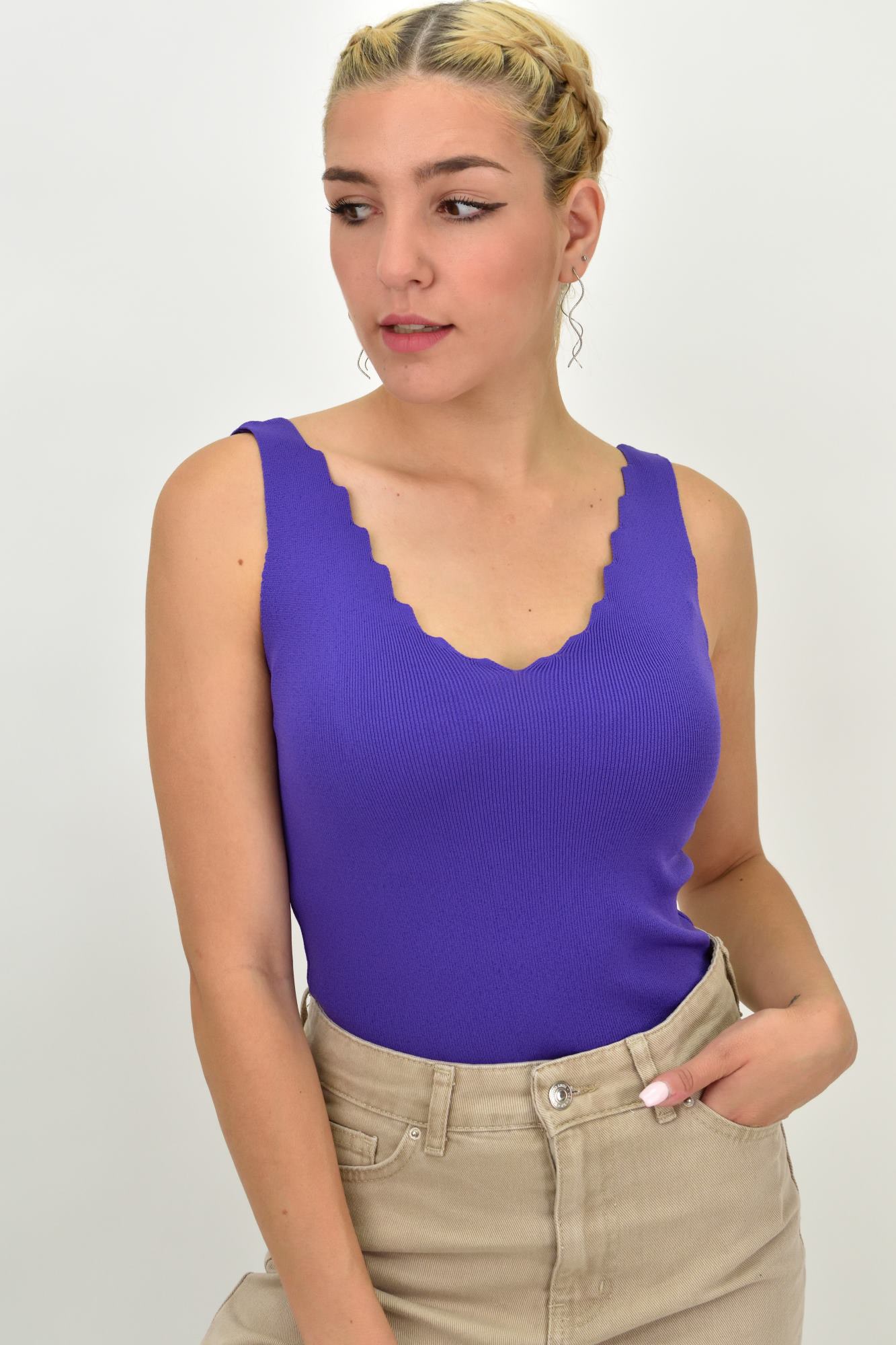 Γυναικείο Ριπ Τοπ με V-Neck κυματιστό ντεκολτέ Μωβ 21114
