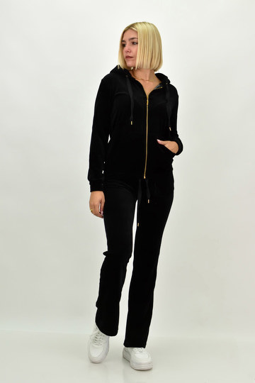 Γυναικείο Βελουτέ σετ φόρμας - Ζακέτα με στρας & παντελόνι - Μαύρο