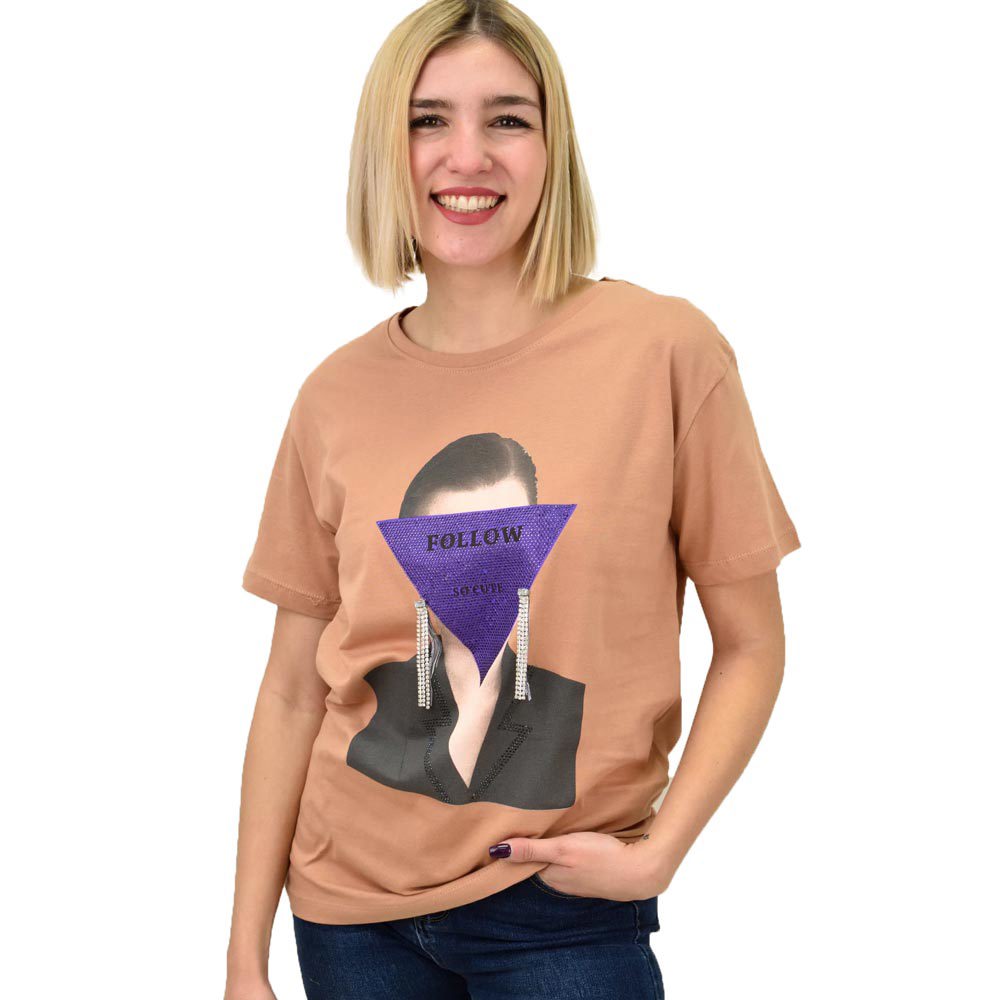 Γυναικείο T-shirt με στρας Follow Μπεζ 18868