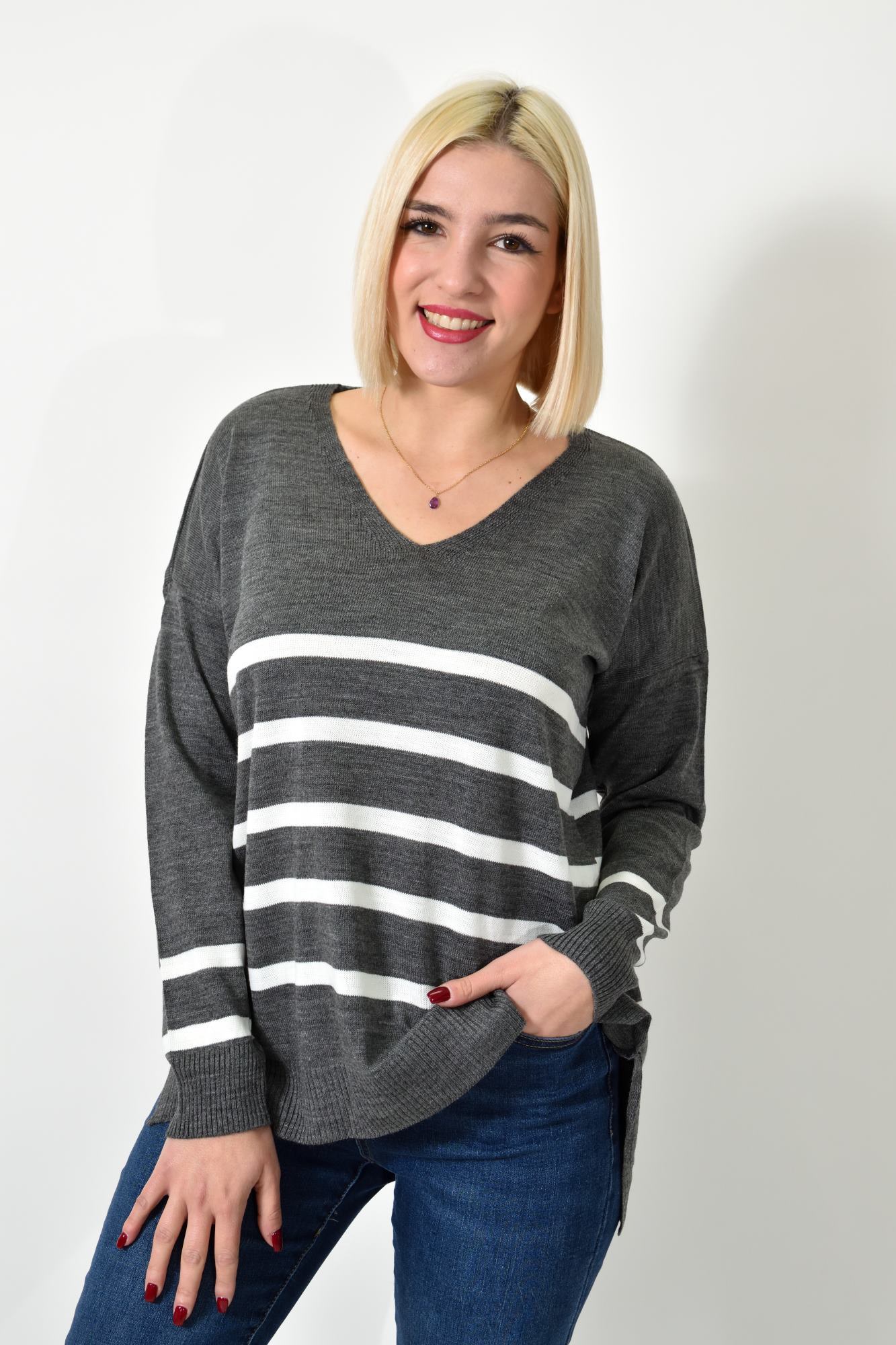 Πλεκτή μπλούζα ριγέ oversized Ανθρακί 22859