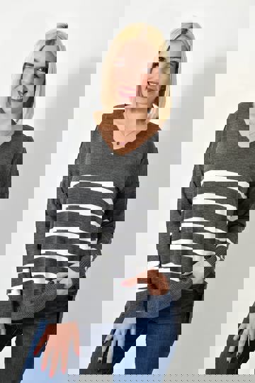  - Πλεκτή μπλούζα ριγέ oversized σε ανθρακί