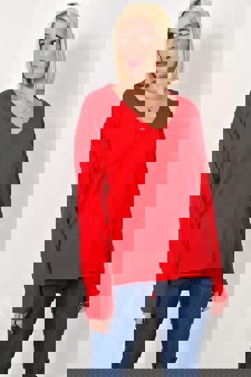  - Γυναικείο μακρύ πλεκτό μπλουζάκι, με V λαιμόκοψη και μακριά μανίκια σε κόκκινο