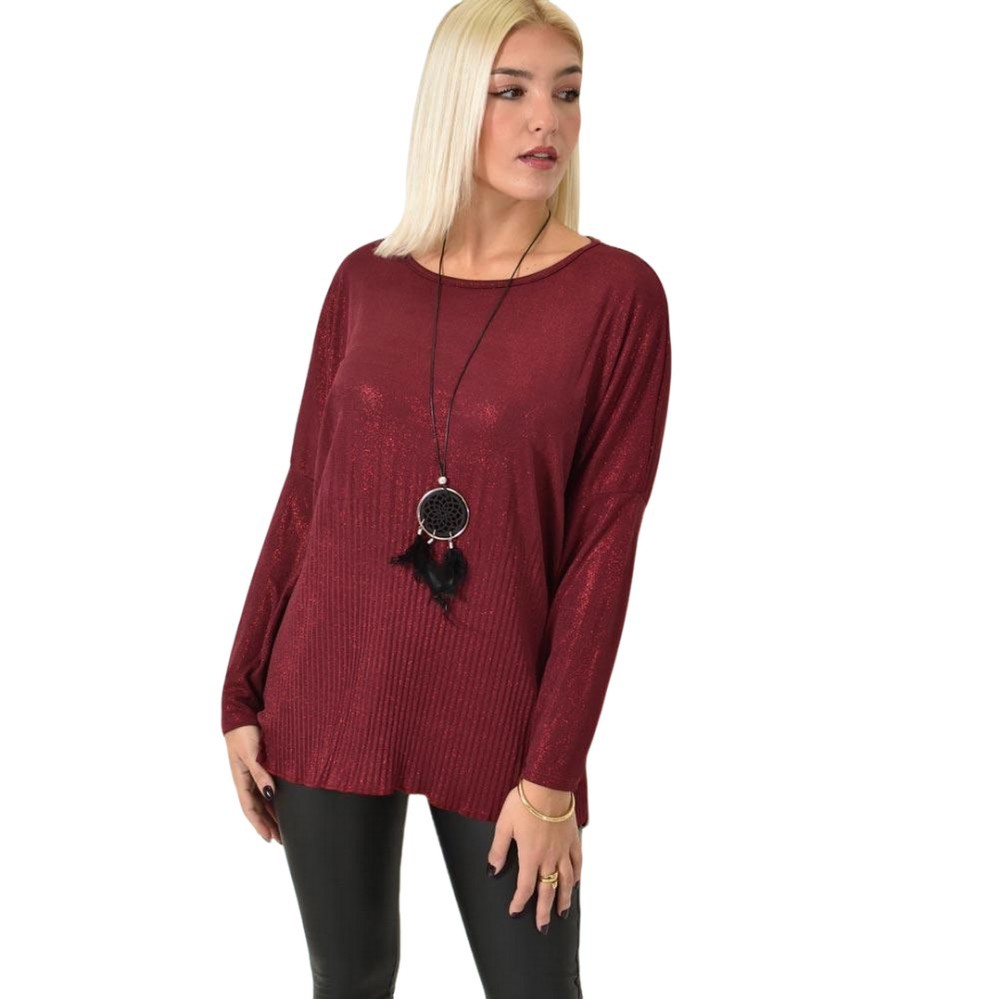 Μεταλλιζέ μπλούζα με μακριά μανίκια και άνετη γραμμή Μπορντώ 26080