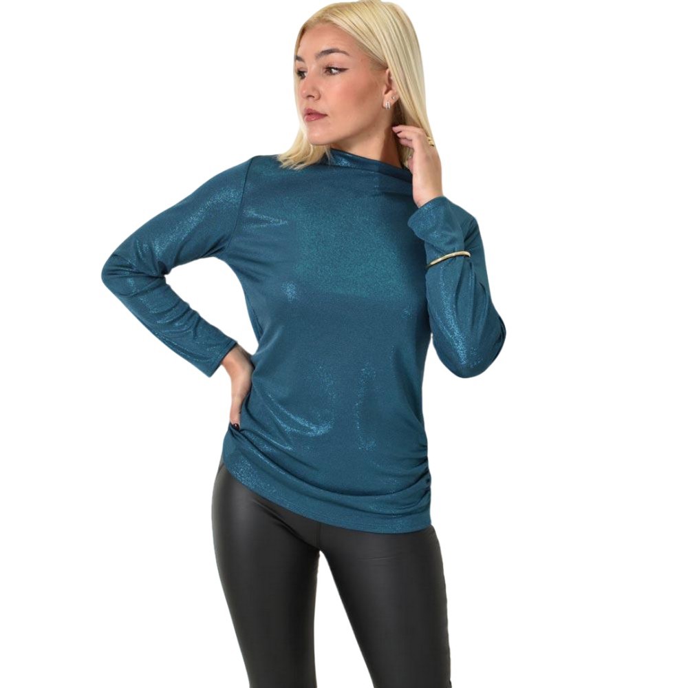 Μεταλλιζέ μπλούζα με ντραπέ λαιμόκομψη Μπλε 26084