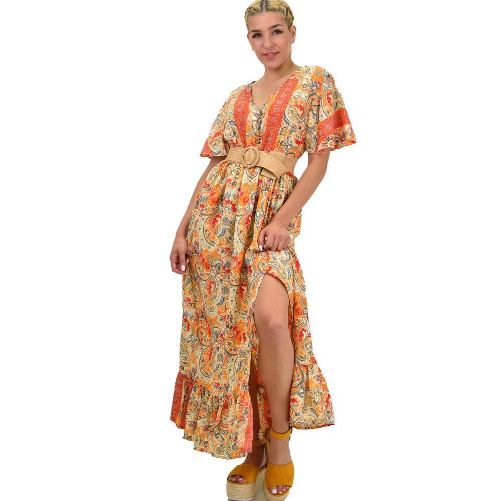 Γυναικείο μεταξωτό boho φόρεμα με κουμπιά χωρίς ζώνη Πορτοκαλί 21156