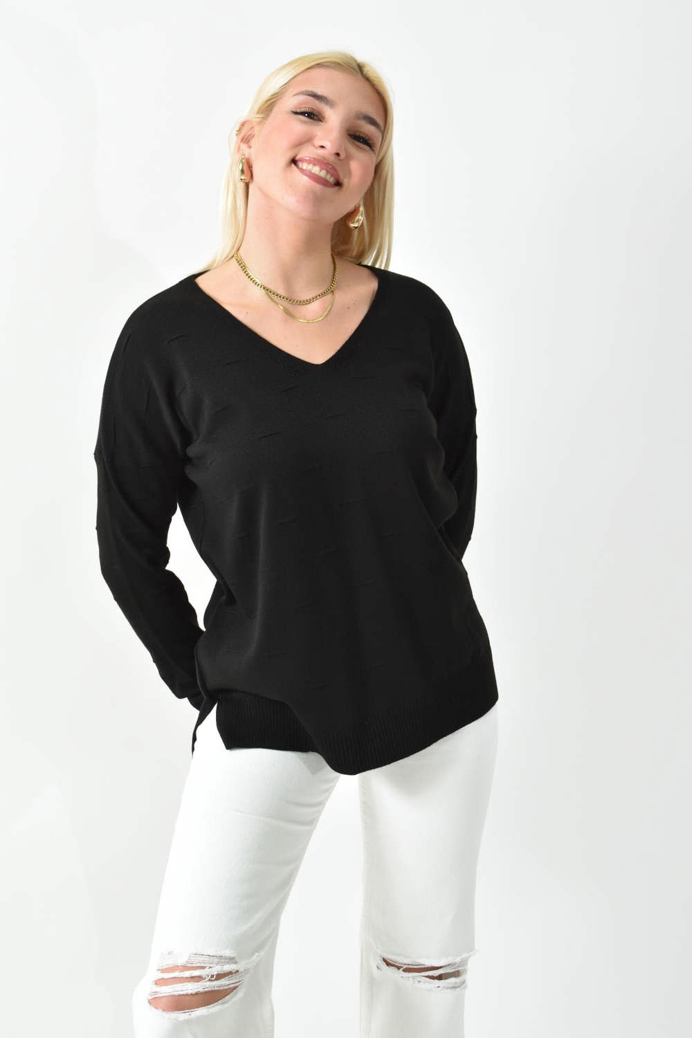 Πλεκτή μπλούζα oversized με 3d σχέδιο Μαύρο 26233 φωτογραφία