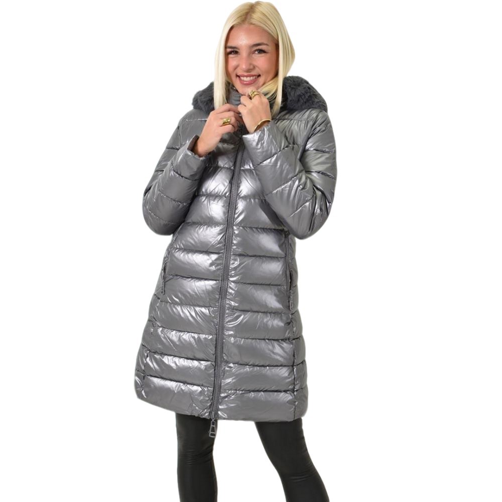Μακρύ μπουφάν μεταλλικό με κουκούλα και γούνα Ασημί 26140