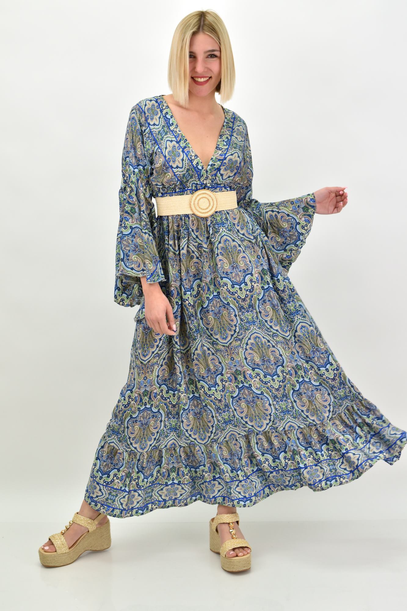 Γυναικείο μεταξωτό boho φόρεμα με τσέπες χωρίς ζώνη Μπλε 19428