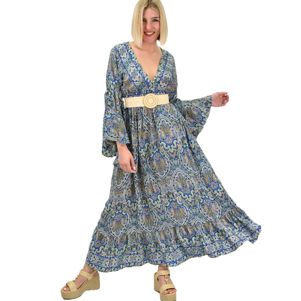 Γυναικείο μεταξωτό boho φόρεμα με τσέπες χωρίς ζώνη Μπλε 19428
