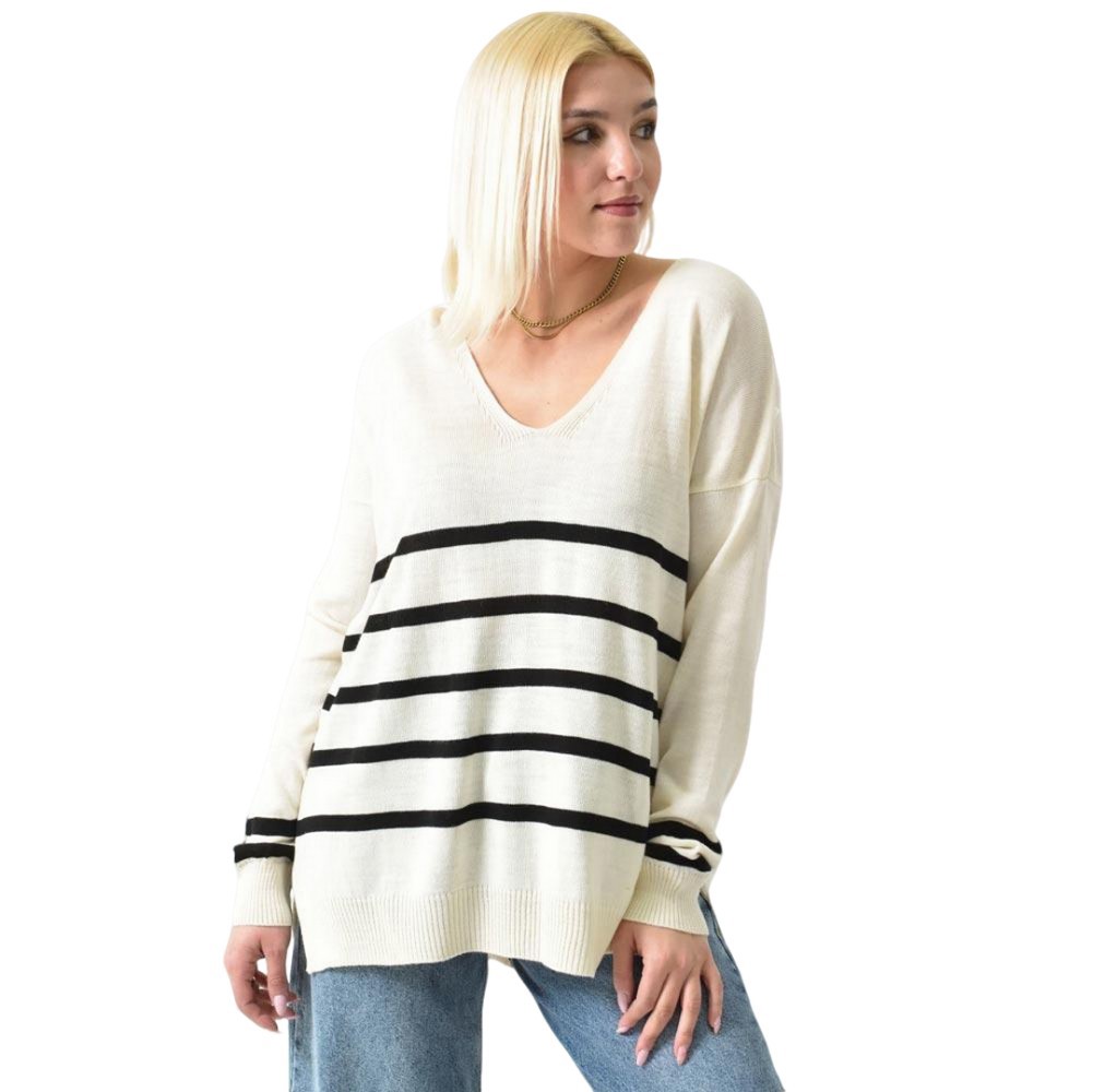Πλεκτή μπλούζα ριγέ oversized Εκρού 26230