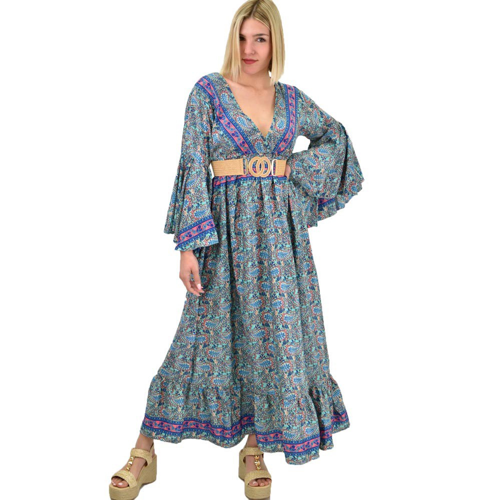 Γυναικείο μεταξωτό boho φόρεμα με τσέπες χωρίς ζώνη Μπλε 19429