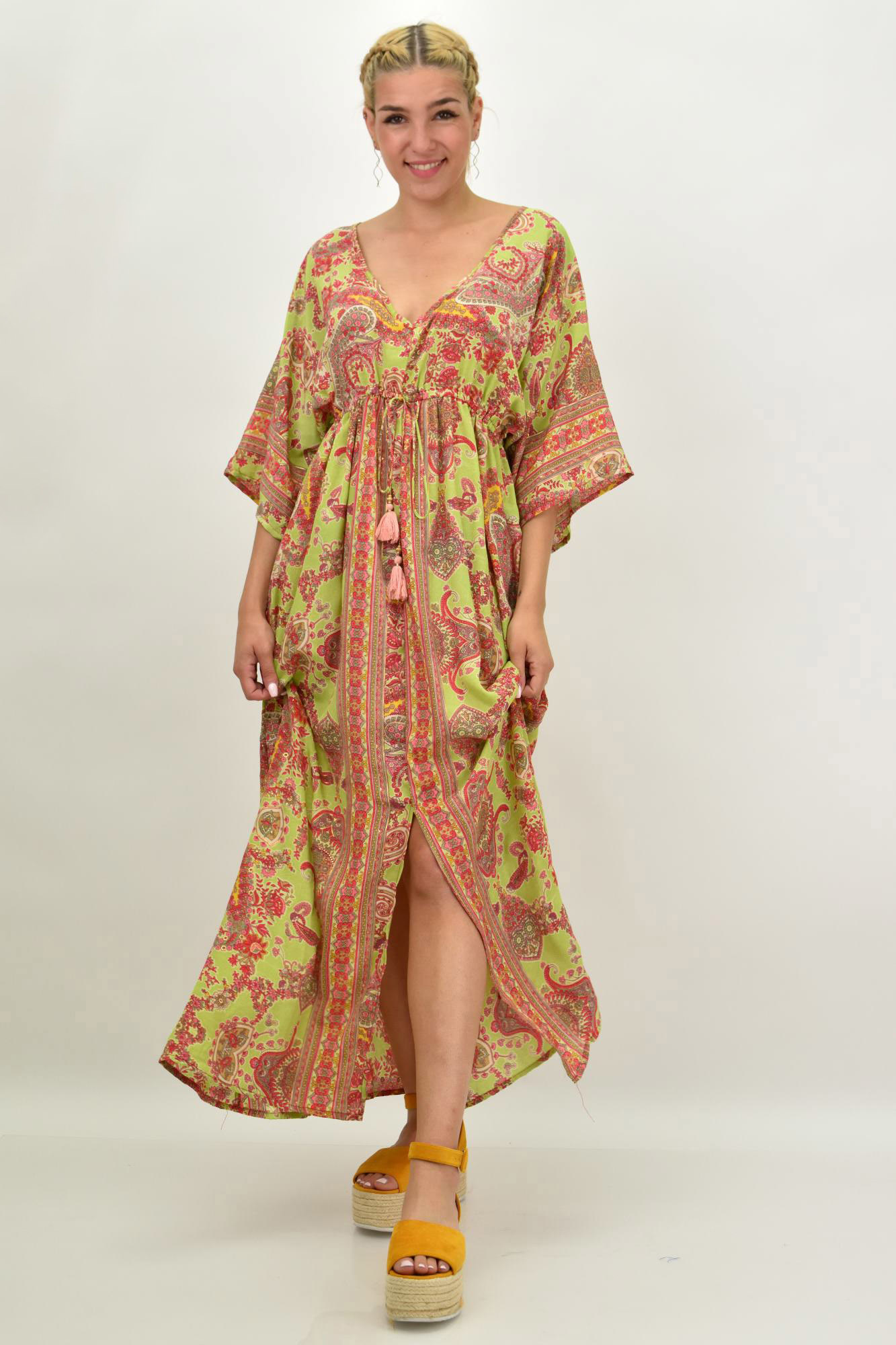 Γυναικείο μεταξωτό boho φόρεμα με κρόσια Πράσινο 21174