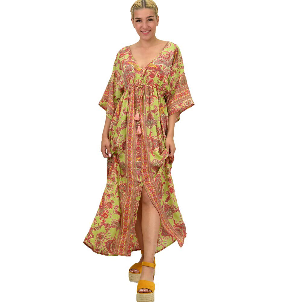 Γυναικείο μεταξωτό boho φόρεμα με κρόσια Πράσινο 21174