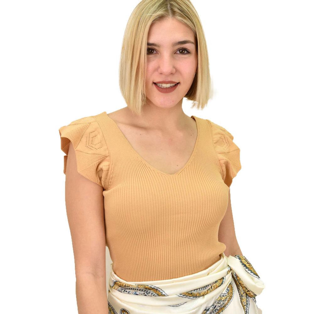 Γυναικείο τοπ με σχέδιο στο μανίκι Μπεζ 18981