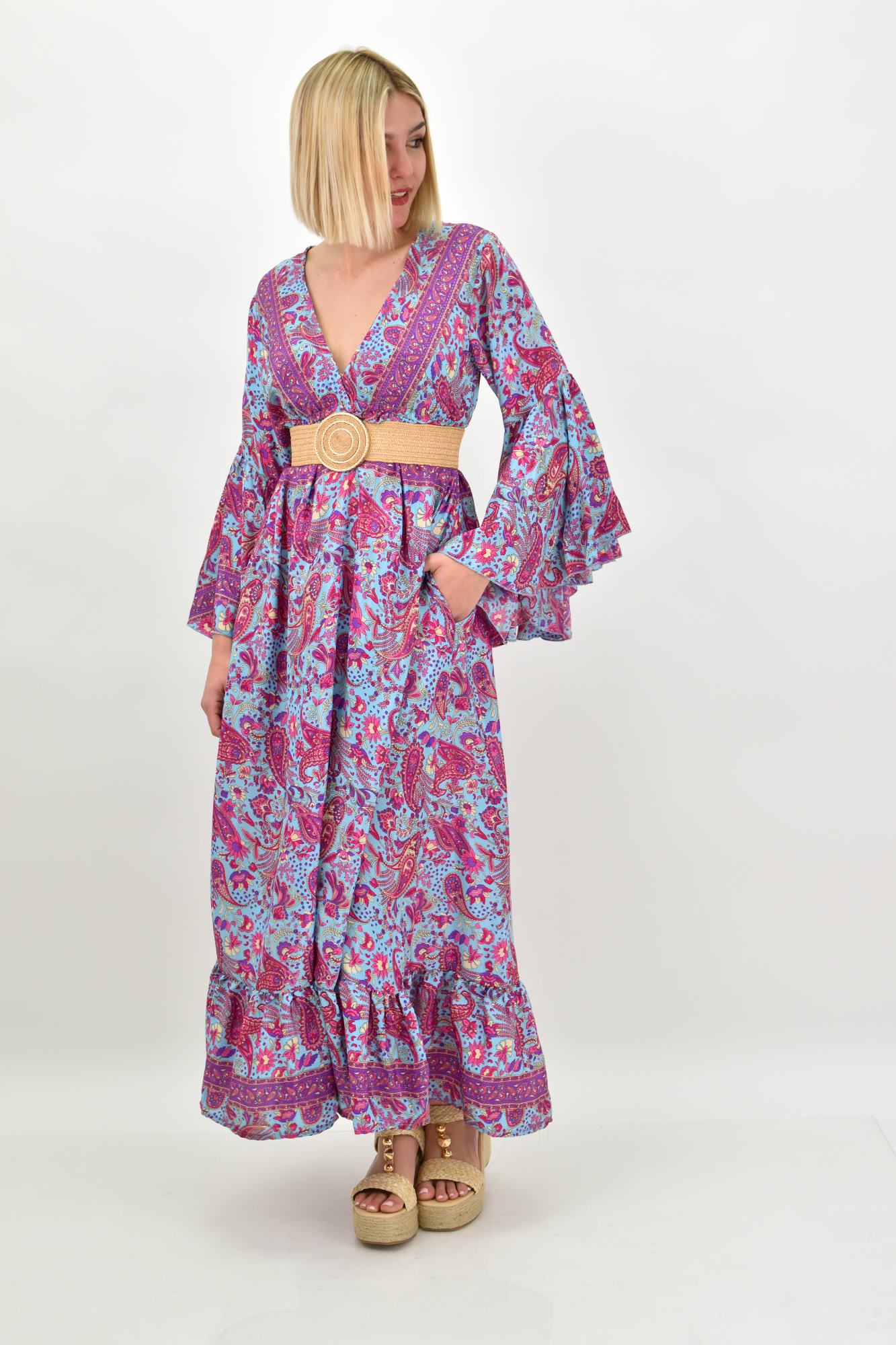 Γυναικείο μεταξωτό boho φόρεμα με τσέπες χωρίς ζώνη Γαλάζιο 19434