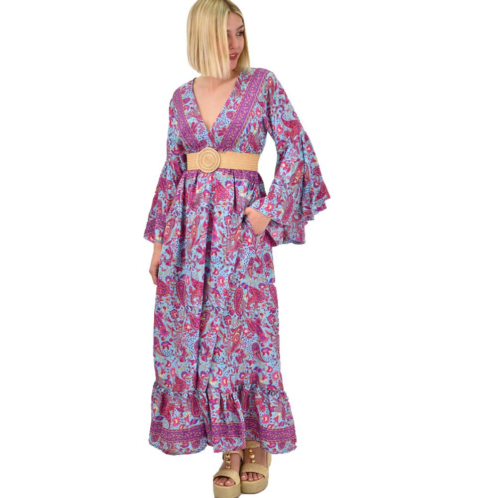 Γυναικείο μεταξωτό boho φόρεμα με τσέπες χωρίς ζώνη Γαλάζιο 19434