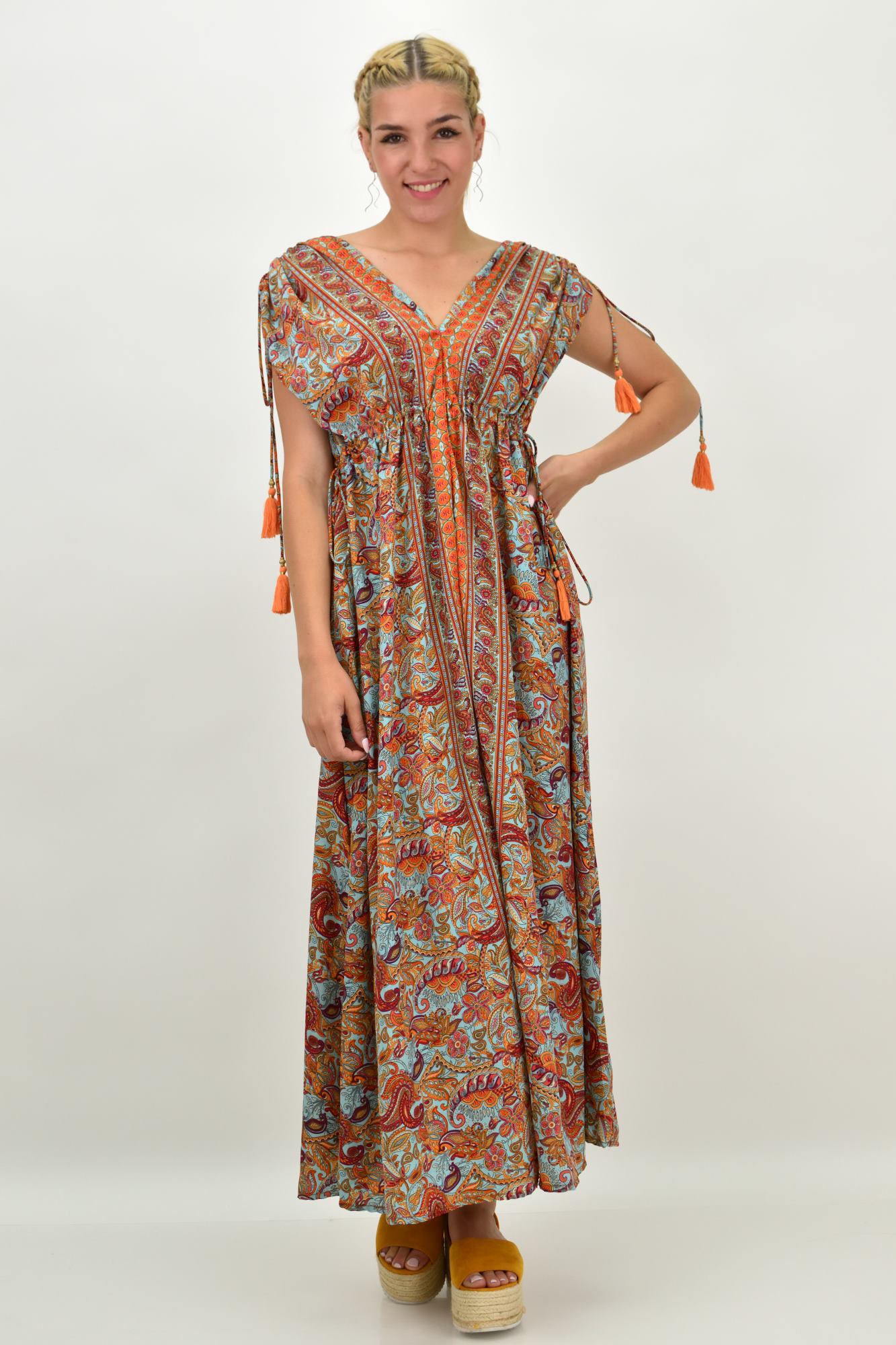 Γυναικείο μεταξωτό boho φόρεμα με κρόσια Μπλε 21195