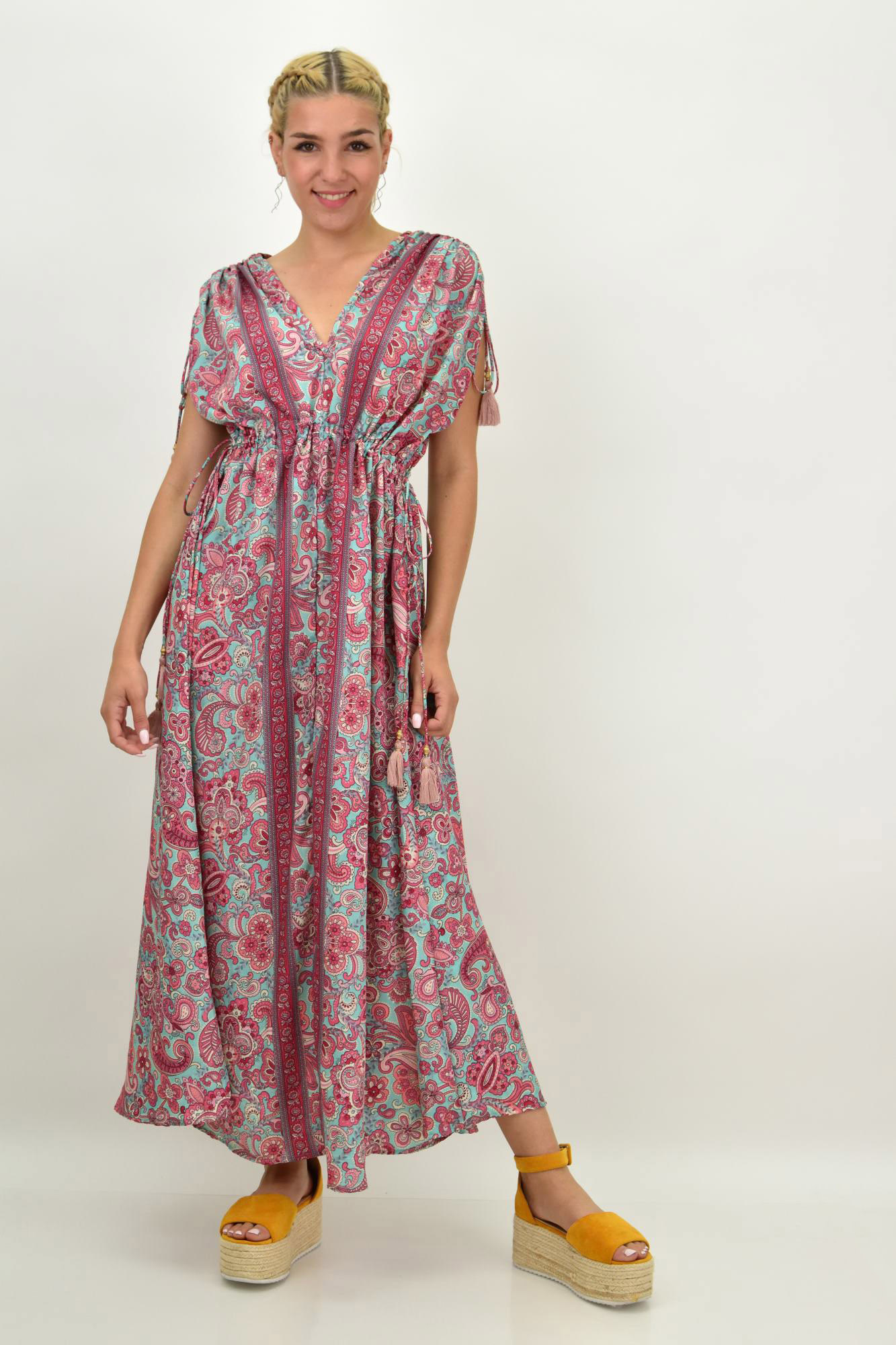 Γυναικείο μεταξωτό boho φόρεμα με κρόσια Μπλε 21194