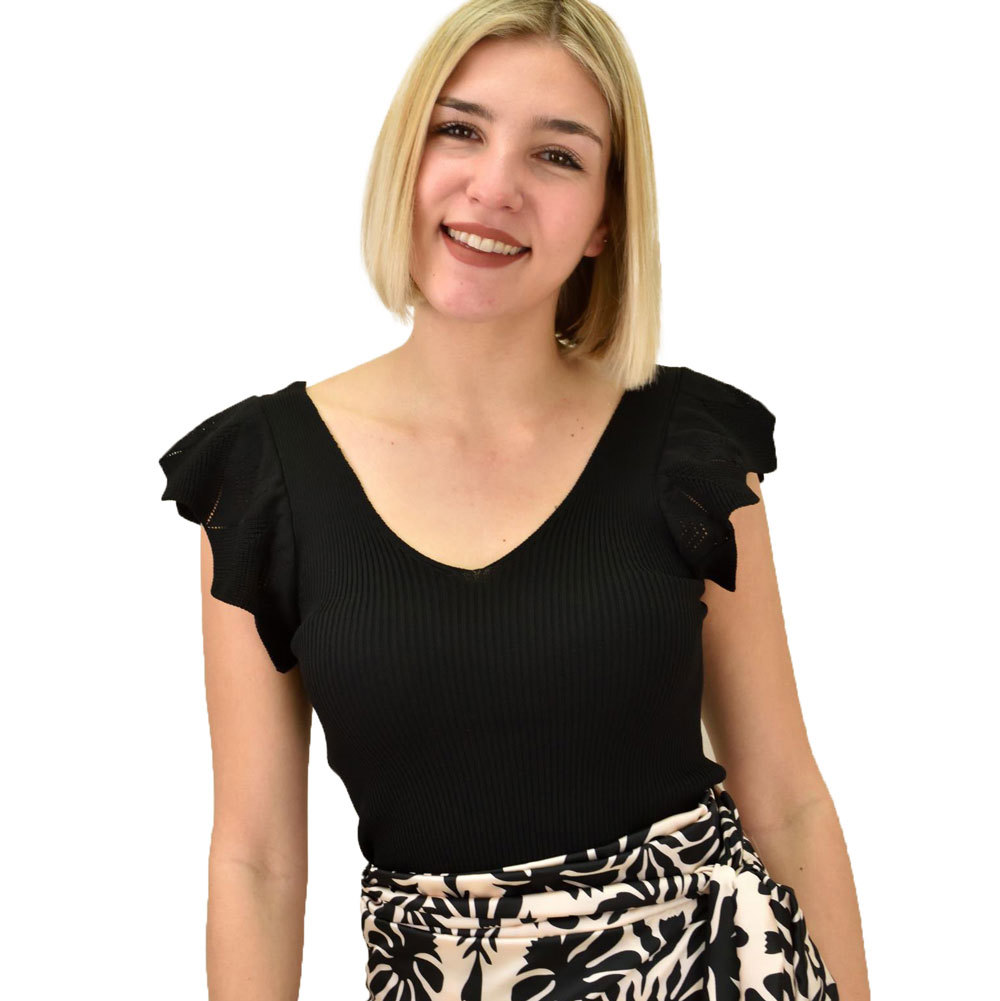 Γυναικείο τοπ με σχέδιο στο μανίκι Μαύρο 18980