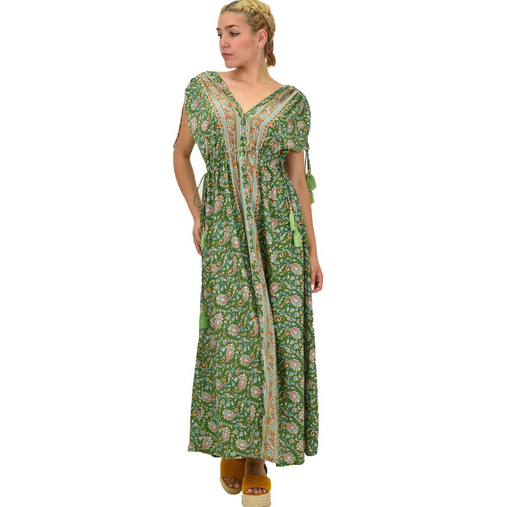Γυναικείο μεταξωτό boho φόρεμα με κρόσια Πράσινο 21190