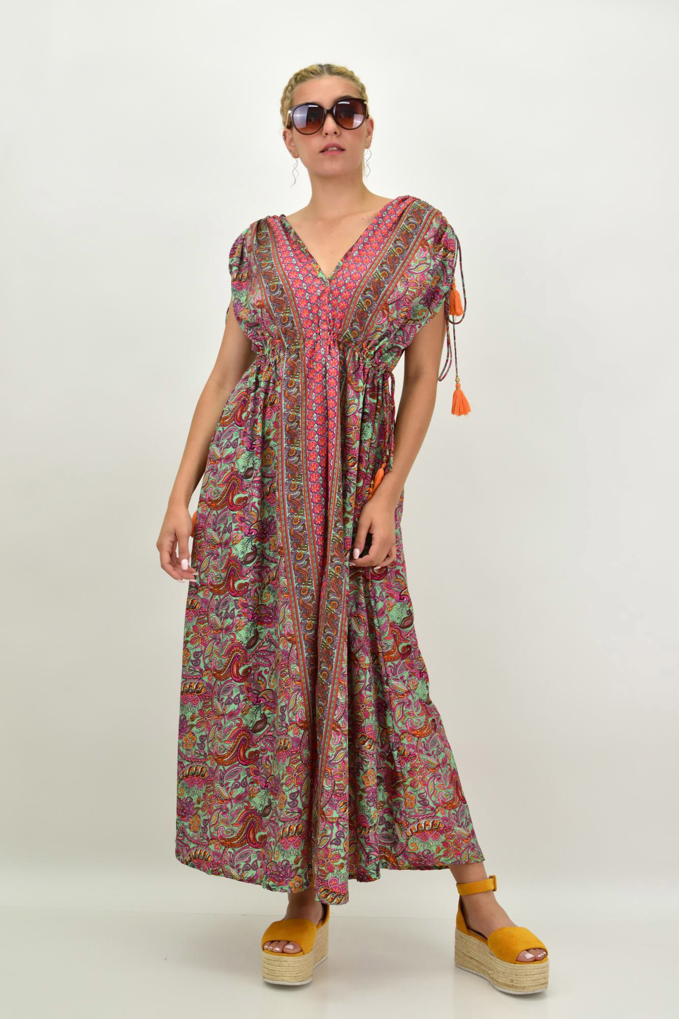 Γυναικείο μεταξωτό boho φόρεμα με κρόσια Φυστικί 21188