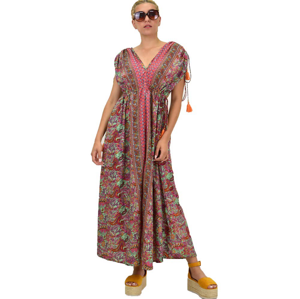 Γυναικείο μεταξωτό boho φόρεμα με κρόσια Φυστικί 21188