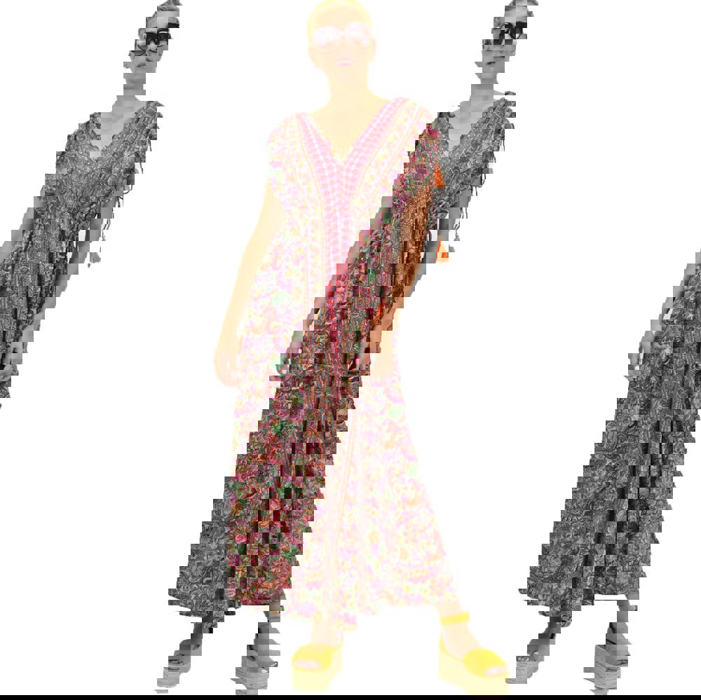 Γυναικείο μεταξωτό boho φόρεμα με κρόσια Φυστικί 21188