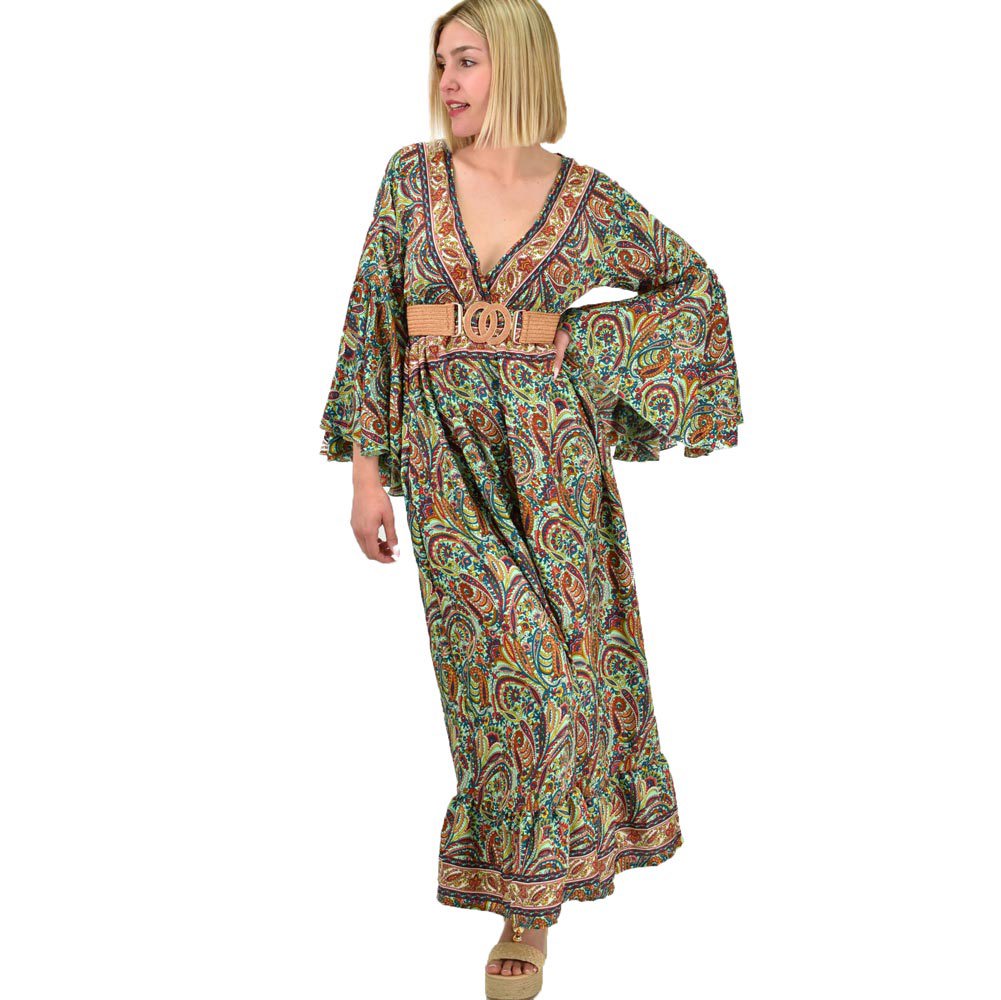 Γυναικείο μεταξωτό boho φόρεμα με τσέπες χωρίς ζώνη Φυστικί 19420