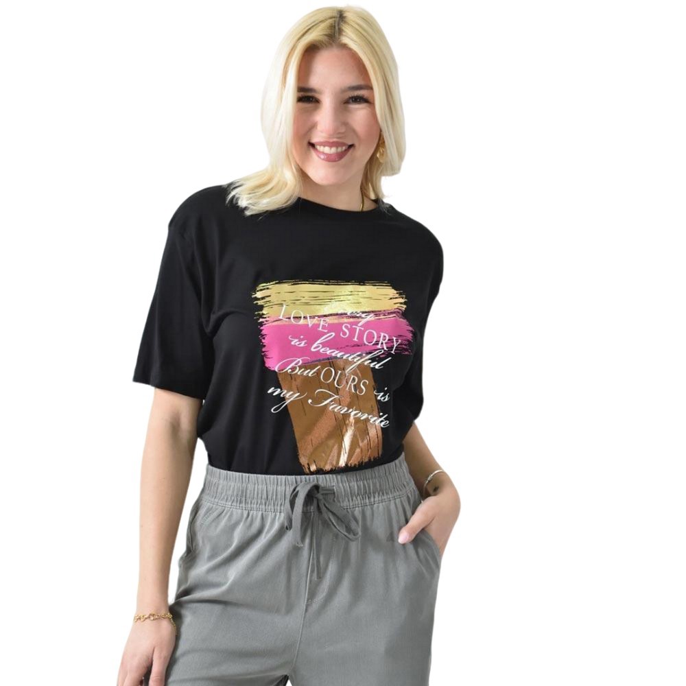 Γυναικείο T-shirt με μεταλιζέ σχέδιο Μαύρο 26430