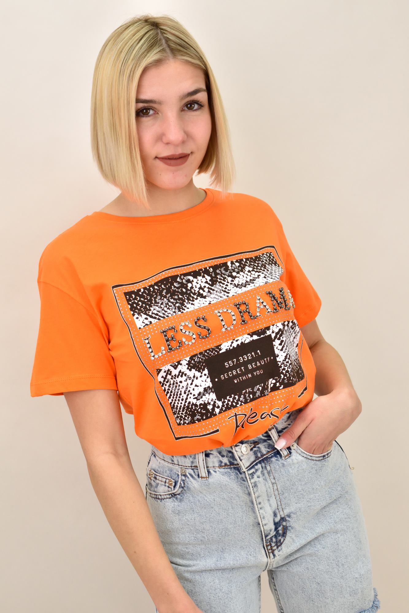 Γυναικείο T-shirt με στρας LESS DRAMA Πορτοκαλί 18977