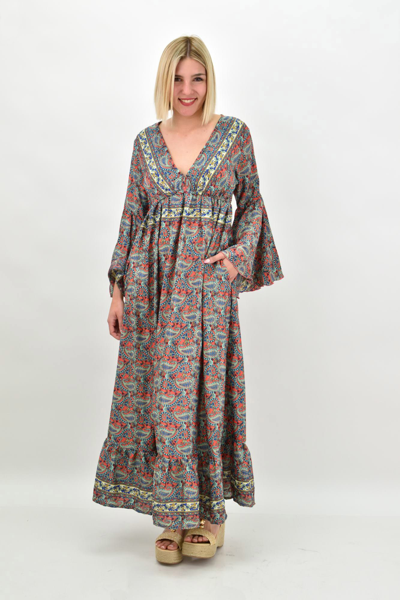 Γυναικείο μεταξωτό boho φόρεμα με τσέπες χωρίς ζώνη Κοραλί 19416