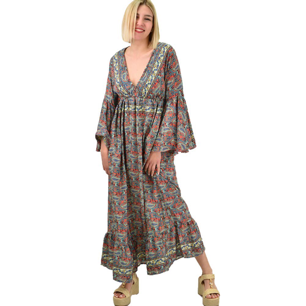 Γυναικείο μεταξωτό boho φόρεμα με τσέπες χωρίς ζώνη Κοραλί 19416
