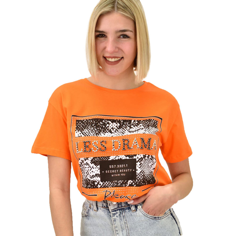 Γυναικείο T-shirt με στρας LESS DRAMA Πορτοκαλί 18977