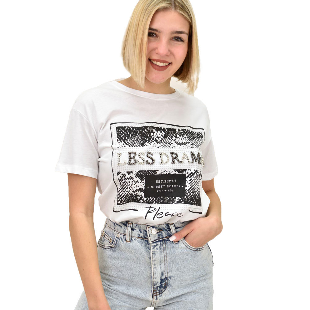 Γυναικείο T-shirt με στρας LESS DRAMA Λευκό 18976