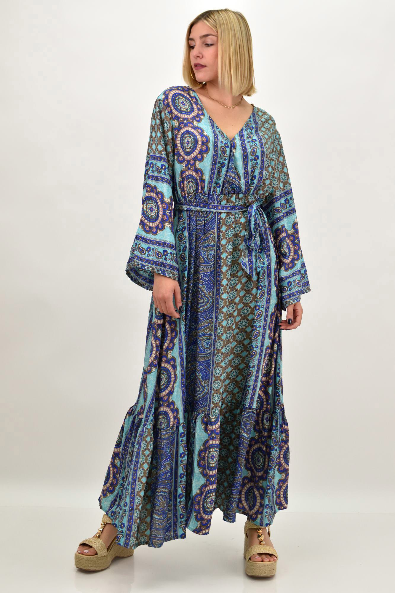 Γυναικείο μεταξωτό boho φόρεμα με ζώνη Μπλε 20494