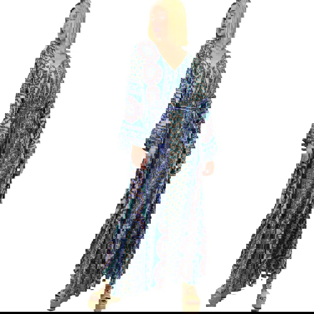 Γυναικείο μεταξωτό boho φόρεμα με ζώνη Μπλε 20494