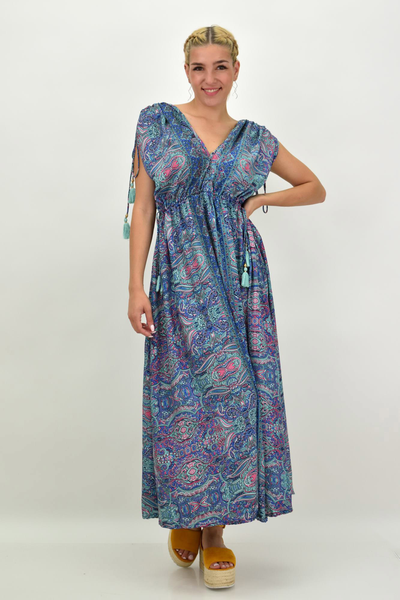 Γυναικείο μεταξωτό boho φόρεμα με κρόσια Μπλε 21196