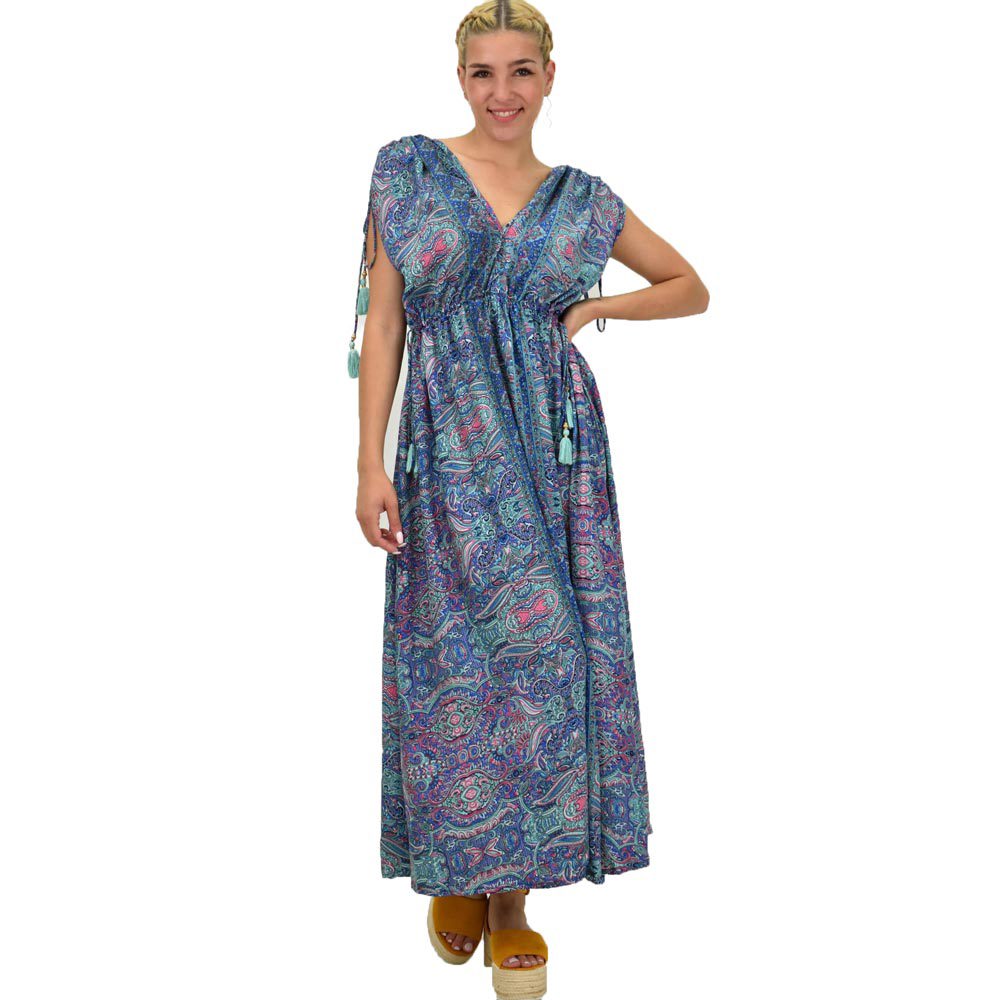 Γυναικείο μεταξωτό boho φόρεμα με κρόσια Μπλε 21196