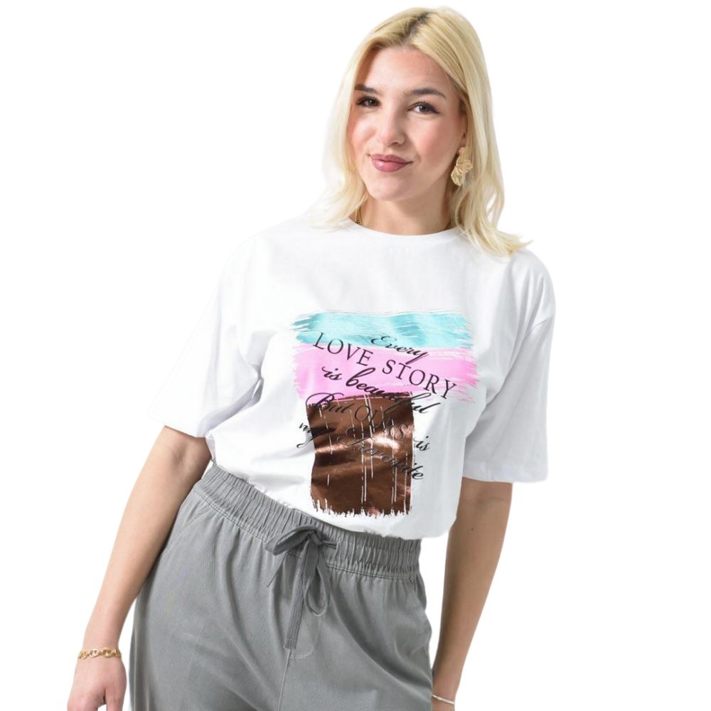 Γυναικείο T-shirt με μεταλιζέ σχέδιο Λευκό 26429