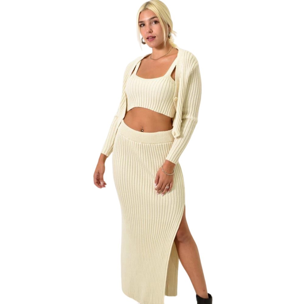 Πλεκτό Σετ με ζακέτα φούστα και τοπ Εκρού 25624