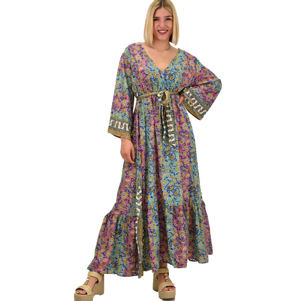 Γυναικείο μεταξωτό boho φόρεμα με ζώνη Ροζ 20488