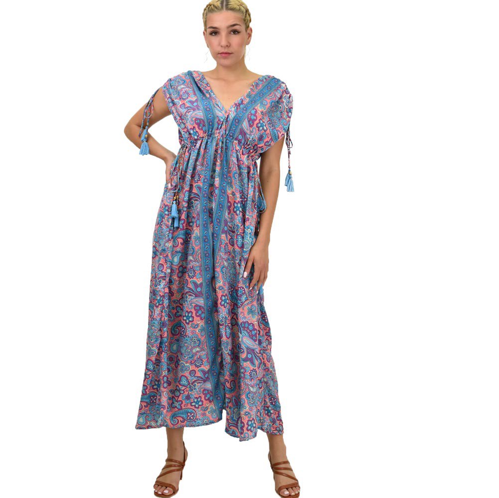 Γυναικείο μεταξωτό boho φόρεμα με κρόσια Μπλε 21281