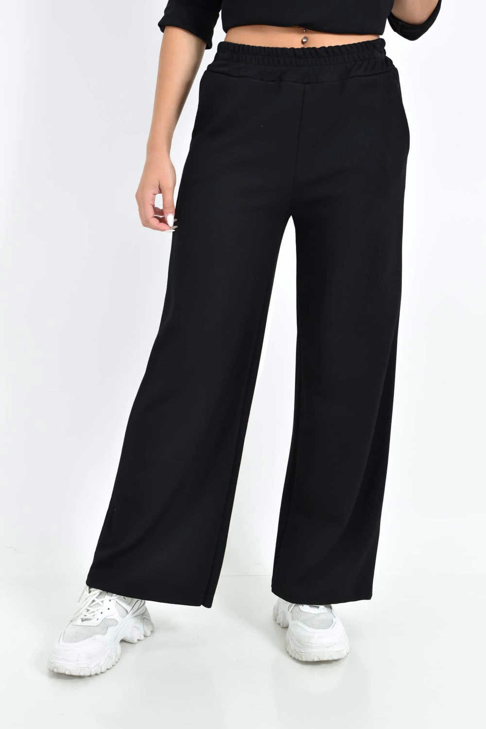 Γυναικείο Μαύρο Παντελόνι Wide Leg με Ελαστική Μέση Μαύρο 27046 φωτογραφία