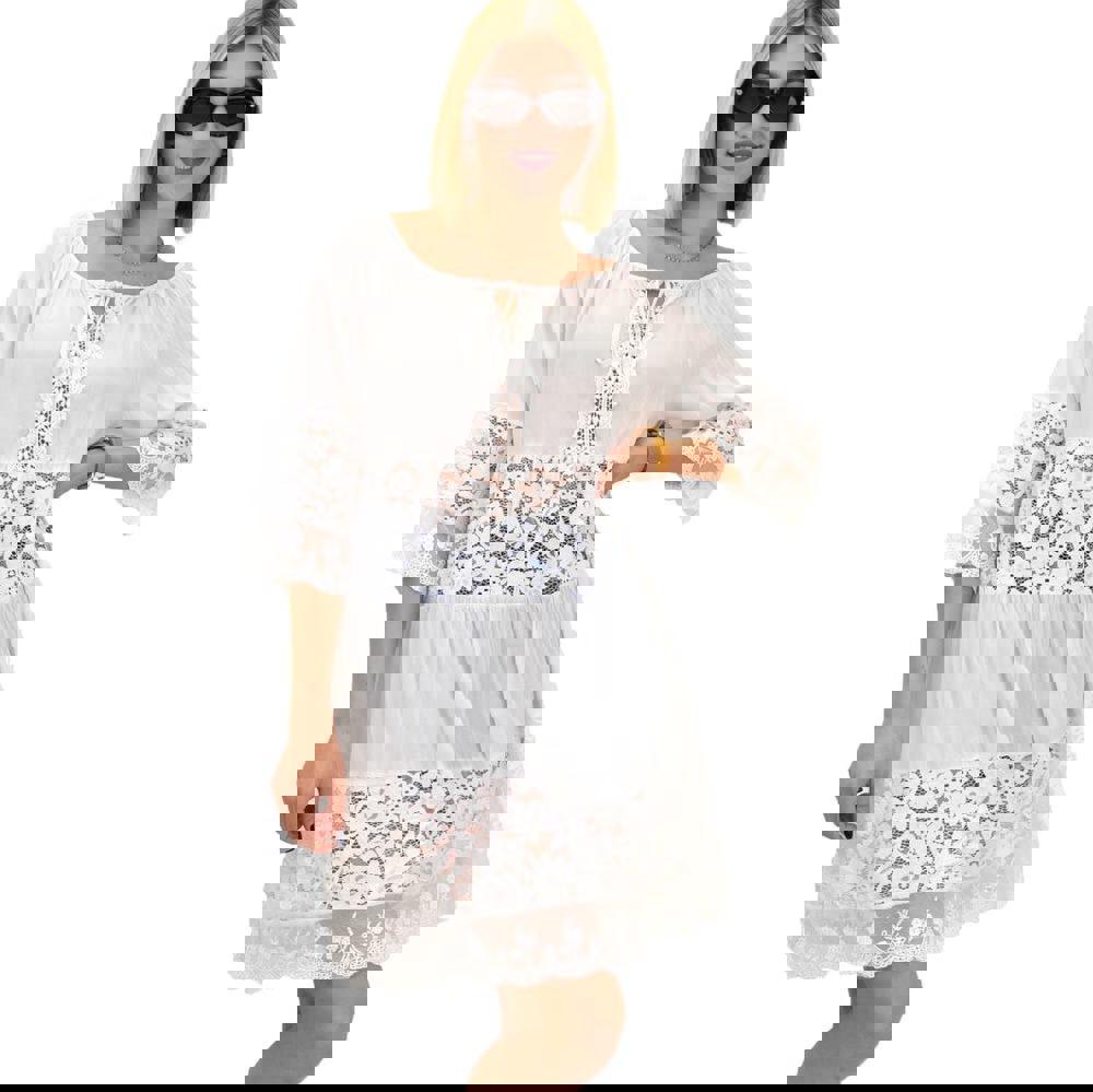 Γυναικεία φόρεμα-μπλούζα με δαντέλα και δέσιμο στο μπούστο Λευκό 20570